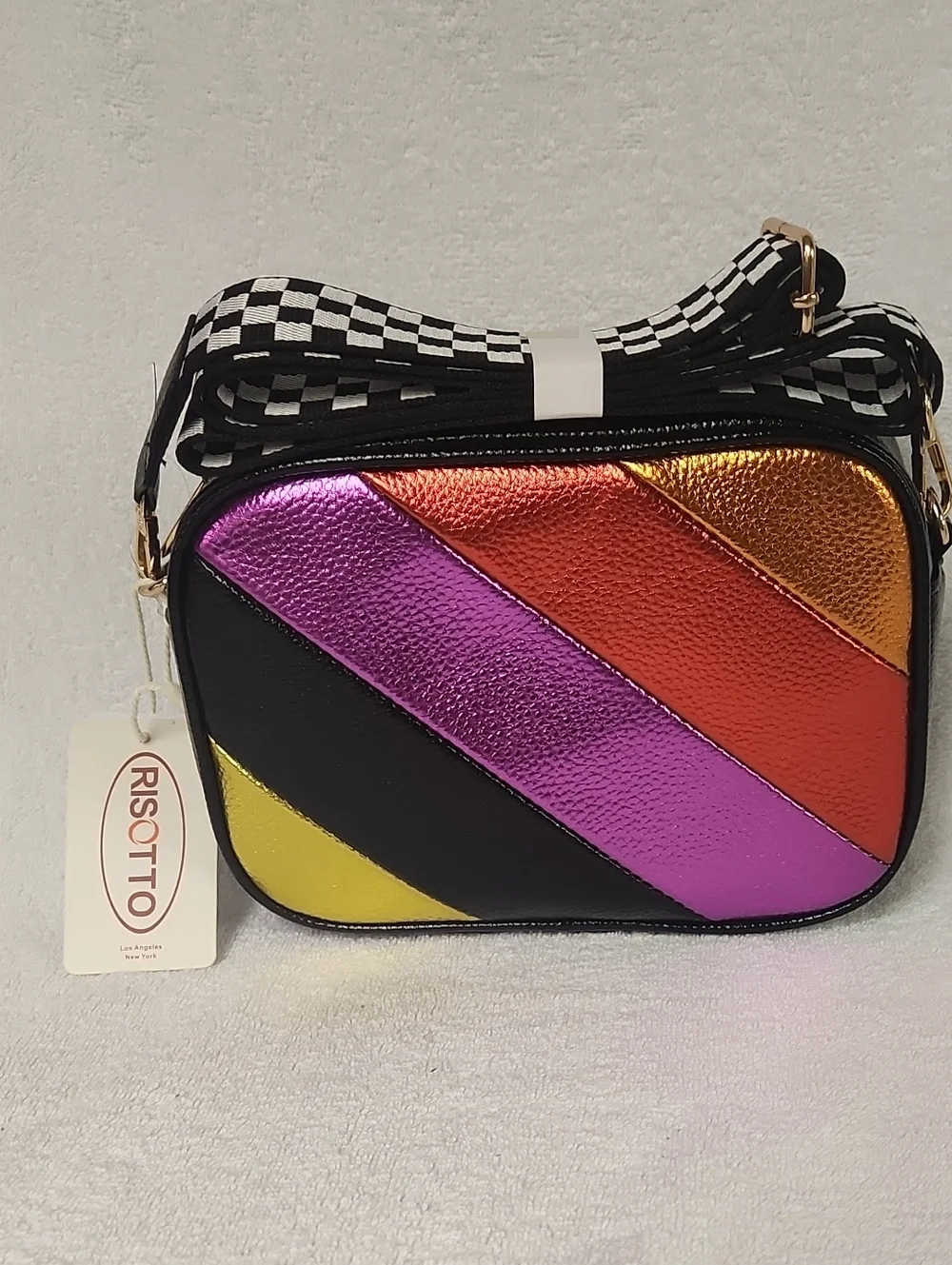 Black Crossbody Bag with Metallic Multi-Color Diagonal Stripes